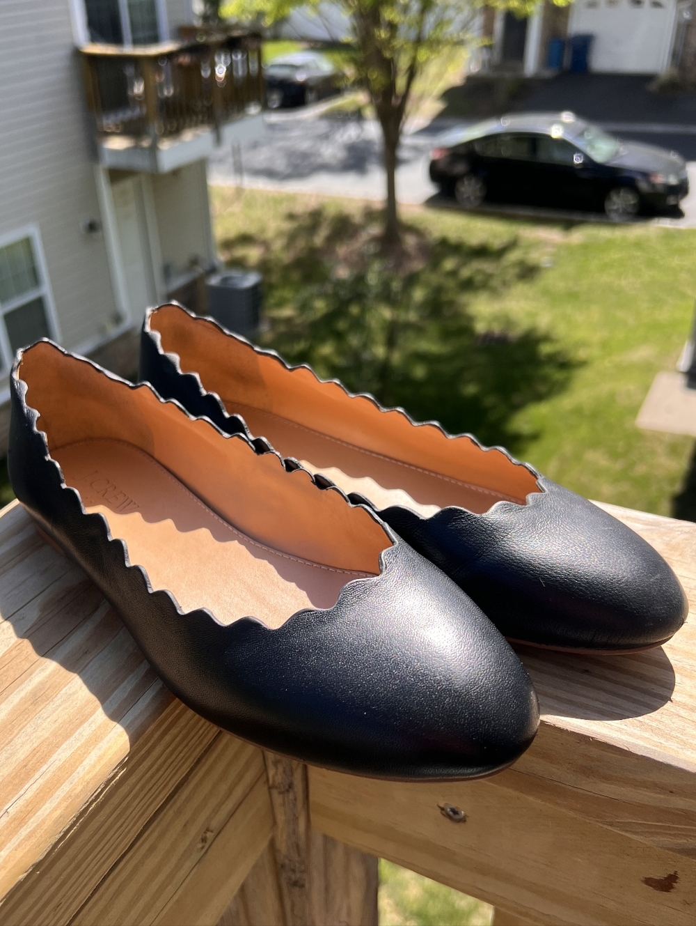 J. Crew Black Scalloped Leather Ballet Flats with Tan Interior